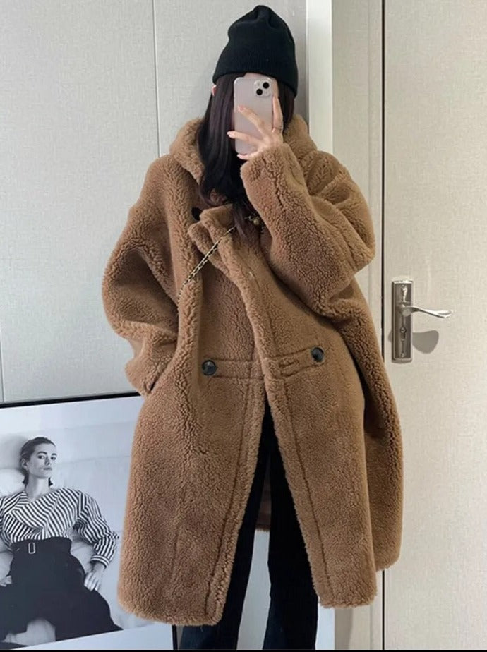 Ashore Boutique Women's Midi Length Faux Fur coats Hoodies Autumn Winter Long Oversized Coat