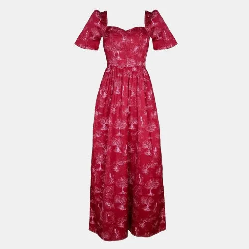 Beatrice Maxi Dress With Sweetheart Neckline / Ruby Red + Alabaster Cotton Toile