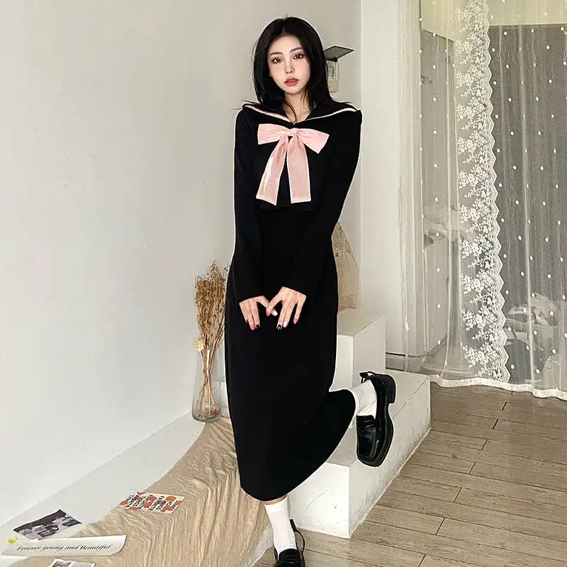 Black Long Sailor Hoodie Dress SD02068