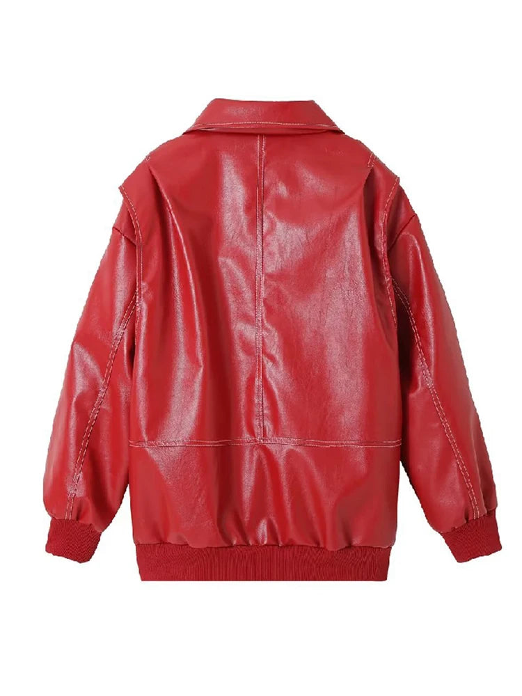 Casual Oversized Leather Jacket Women Fashion Lapel Long Sleeve Loose Zipper