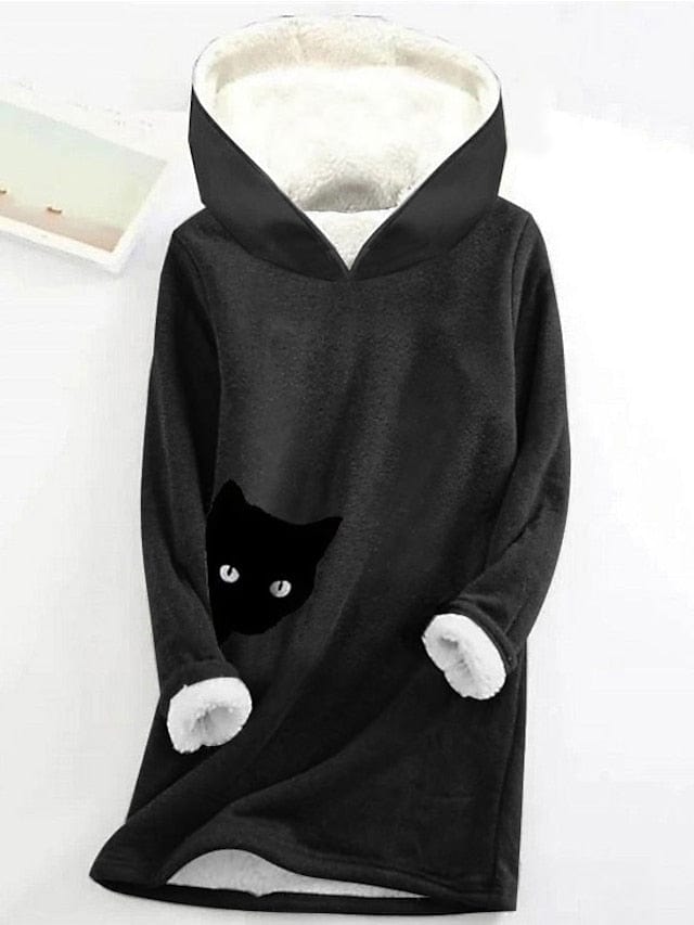 Cozy Cat Print Fleece-Lined Women's Hoodie Sweatshirt