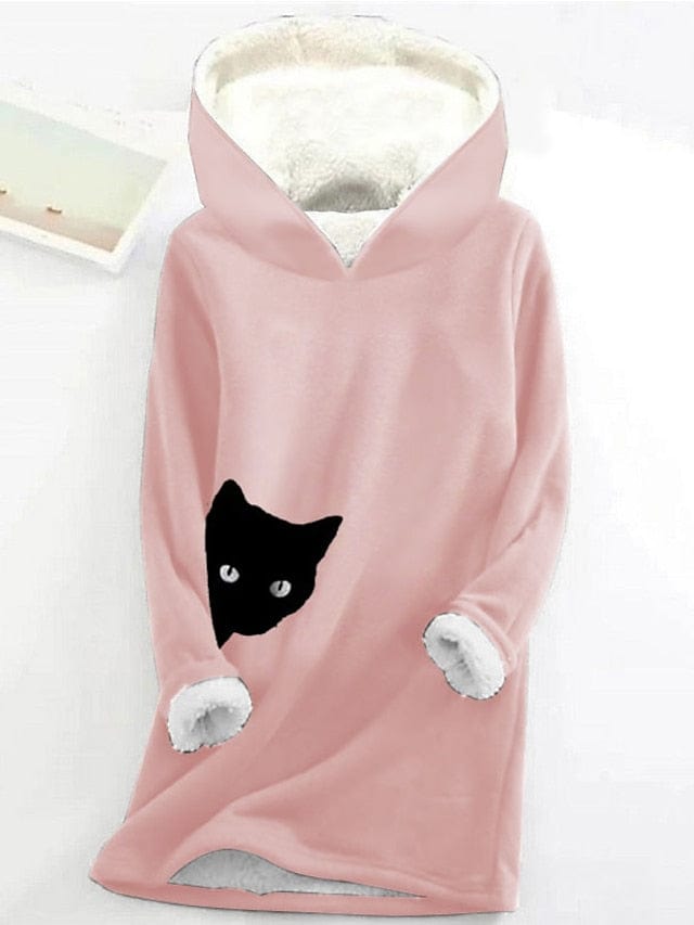 Cozy Cat Print Fleece-Lined Women's Hoodie Sweatshirt