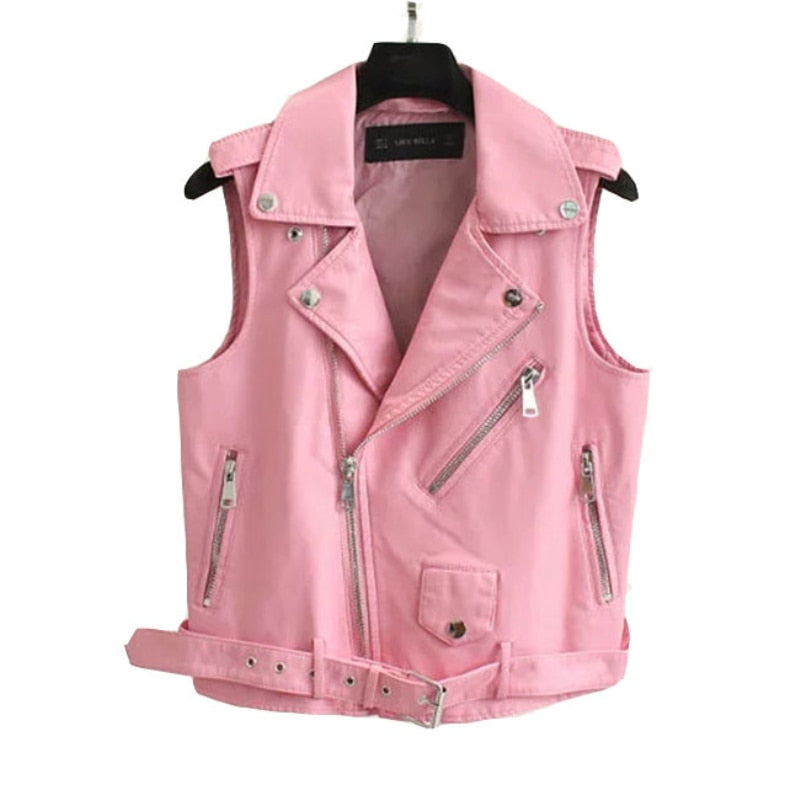 Fashion Leather Vest Womens Sleeveless Leather jacket Turn-Down Collar Pockets  PU vestm