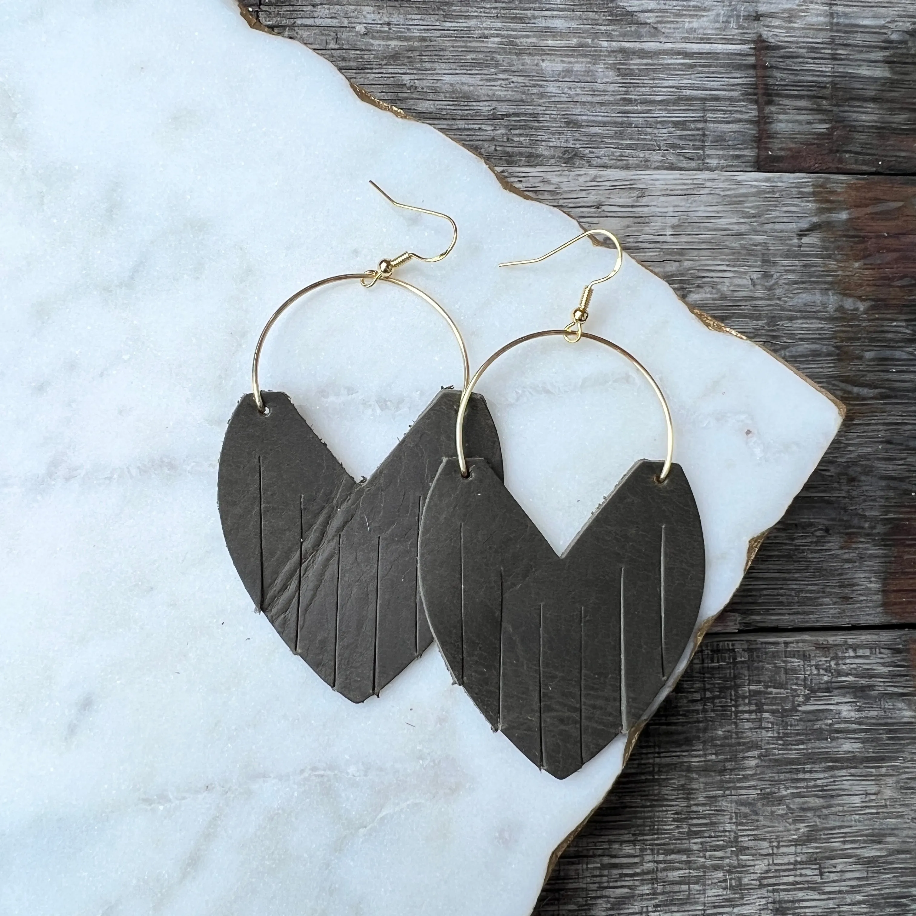 Glam Hoops - Army Green Leather Earrings