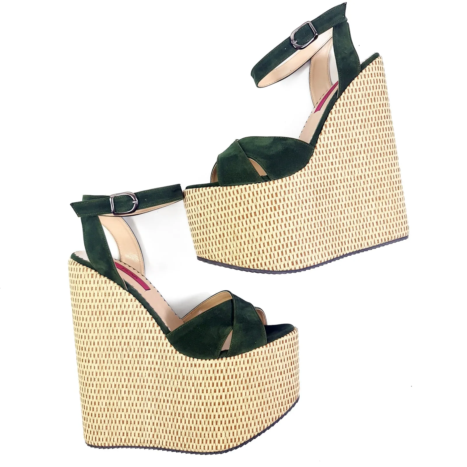 Green Suede Espadril Style Wedge Platform Sandals