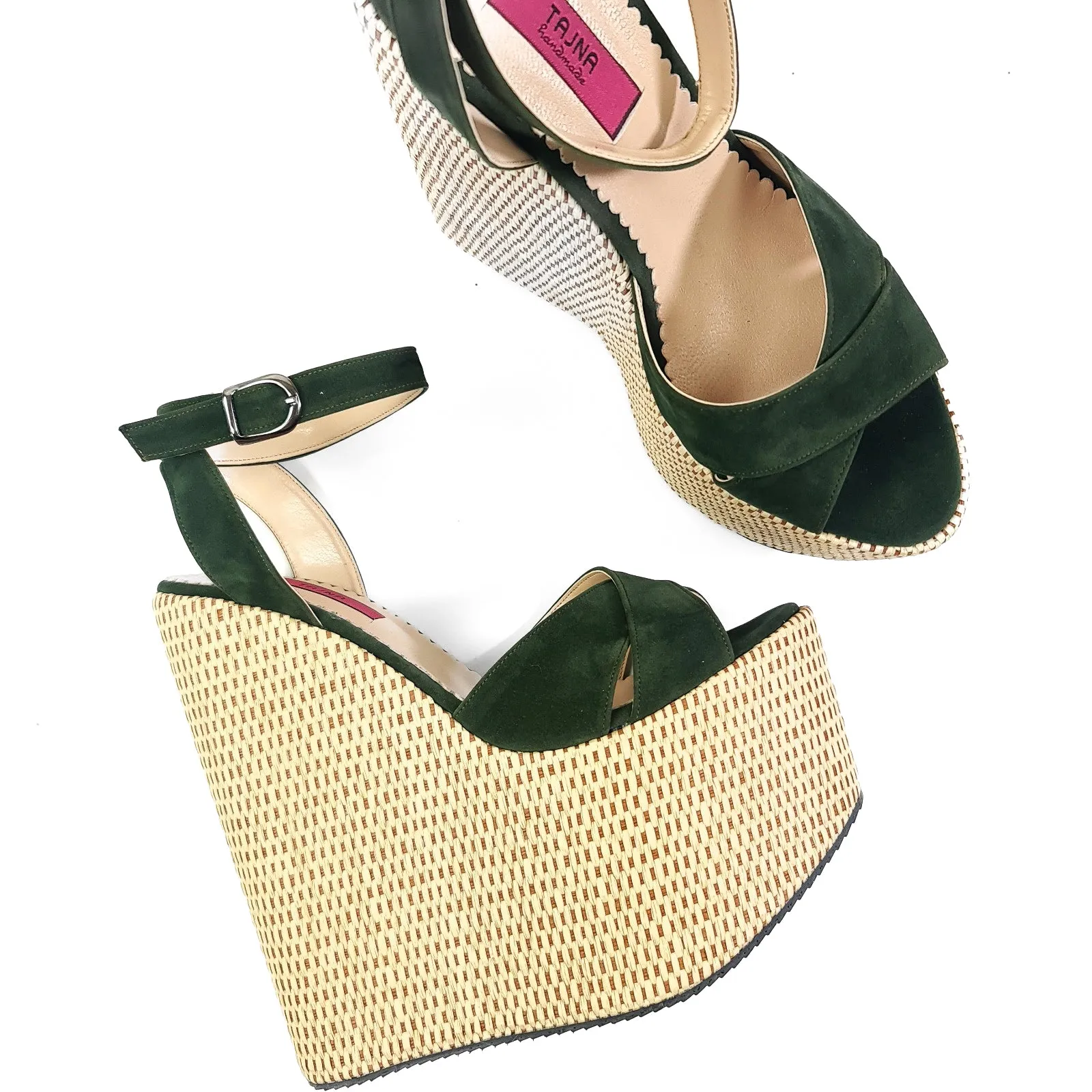 Green Suede Espadril Style Wedge Platform Sandals