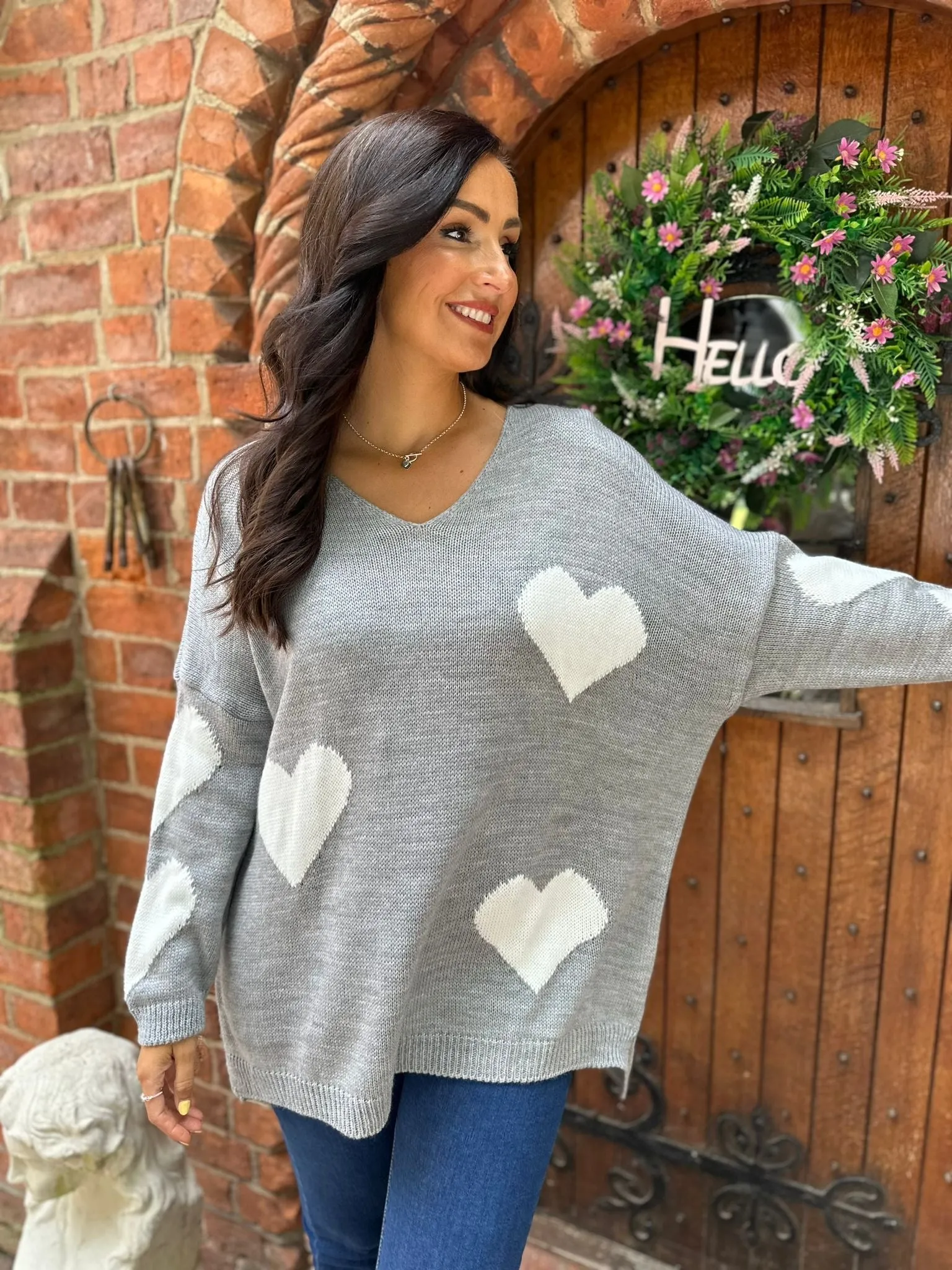 Grey Heart V Neck Jumper Brenda