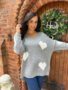 Grey Heart V Neck Jumper Brenda