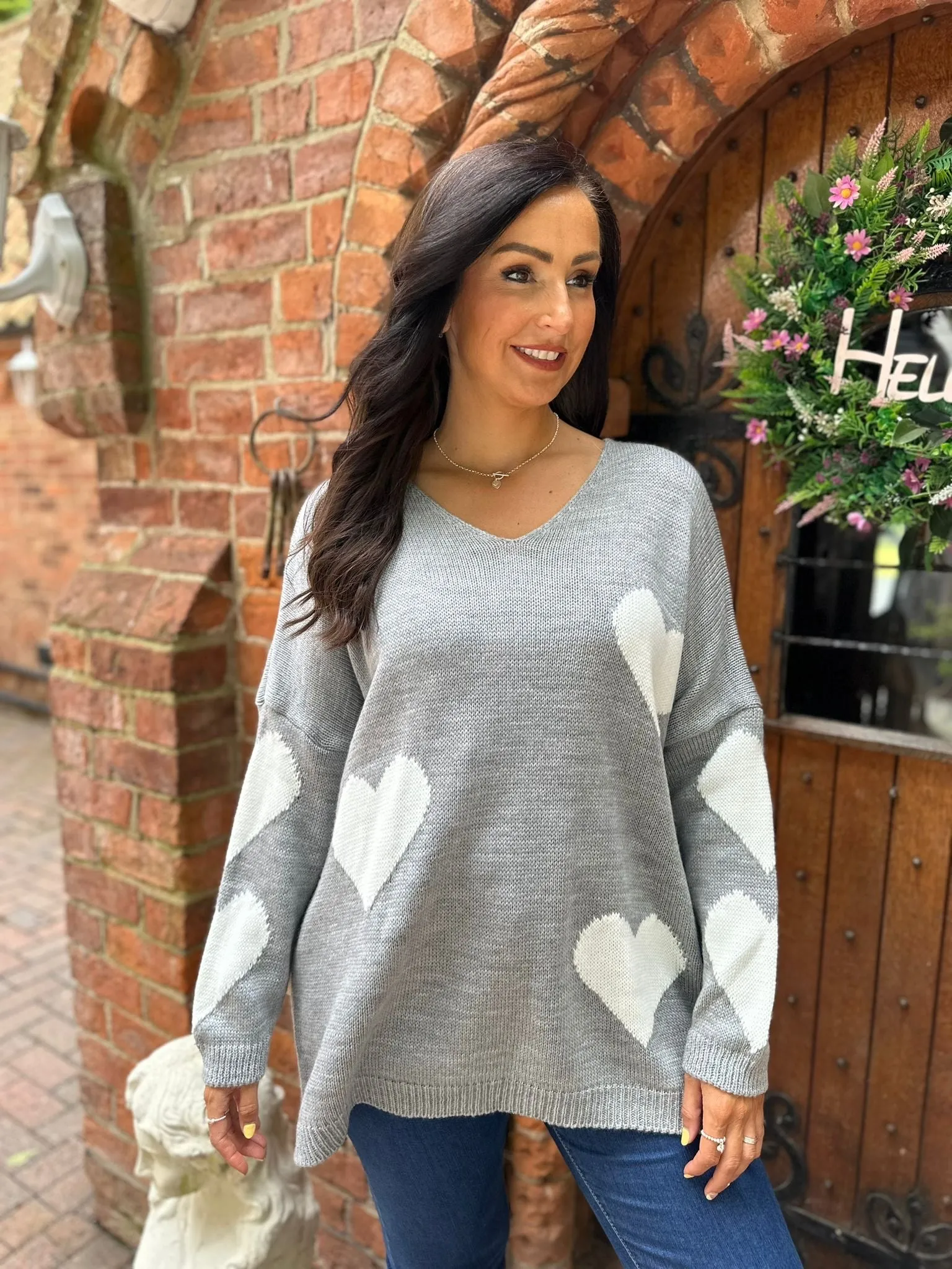 Grey Heart V Neck Jumper Brenda