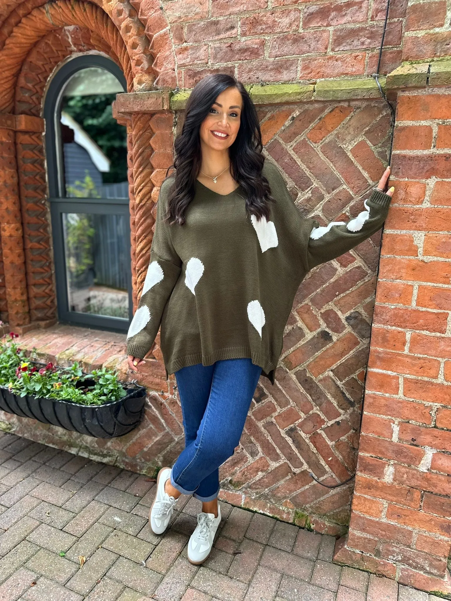 Khaki Heart V Neck Jumper Brenda