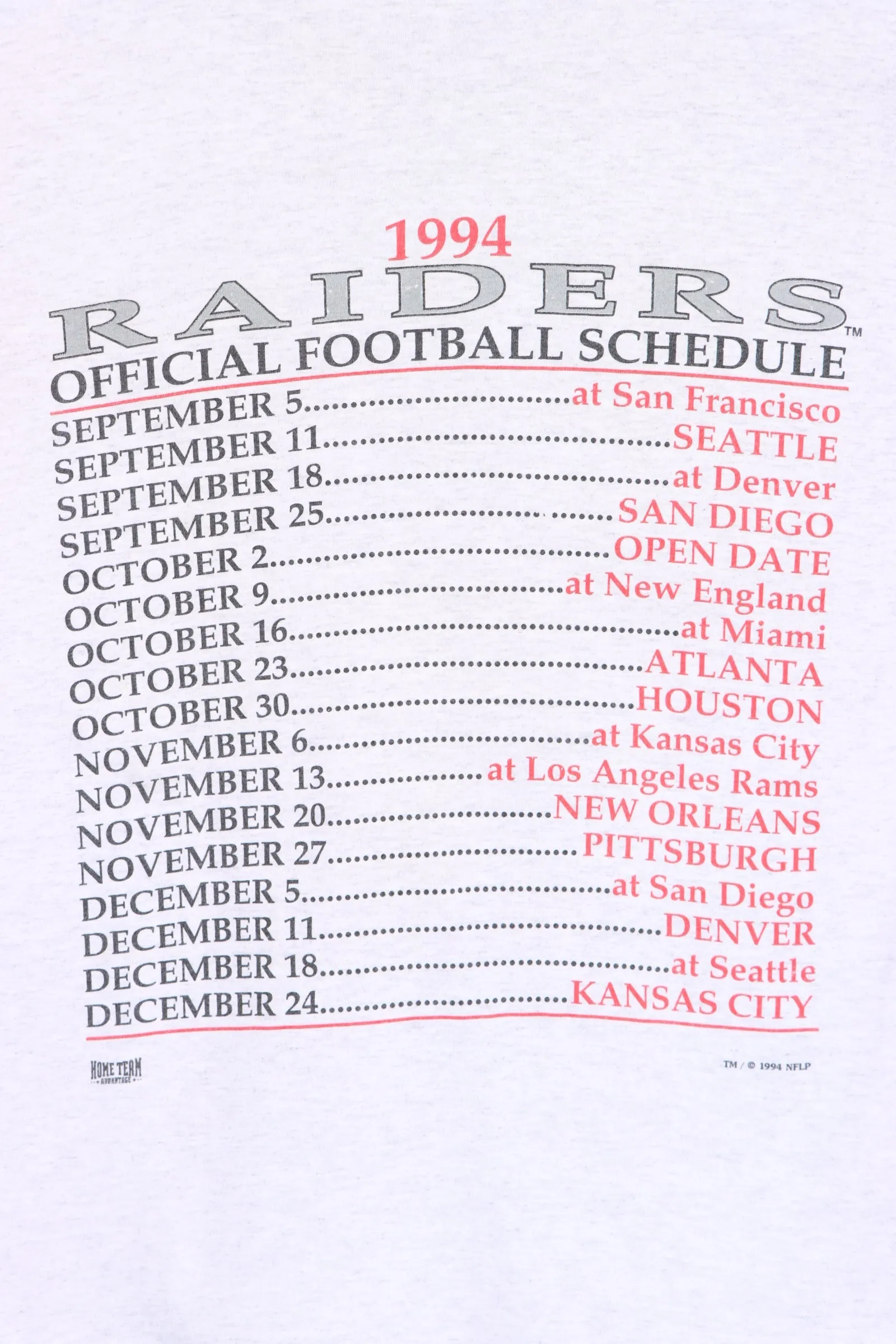 Las Vegas Raiders 1994 NFL Schedule Front Back Single Stitch T-Shirt (S)