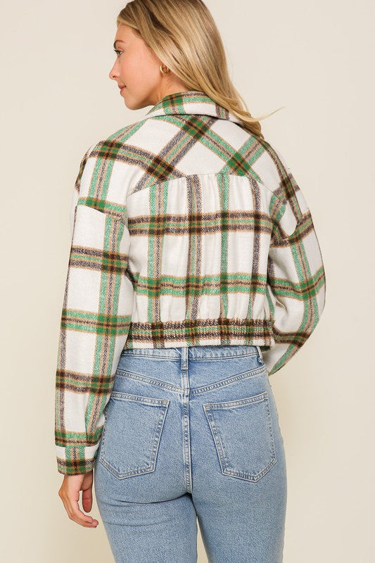 Long Sleeve Plaid Print Cropped Jacket