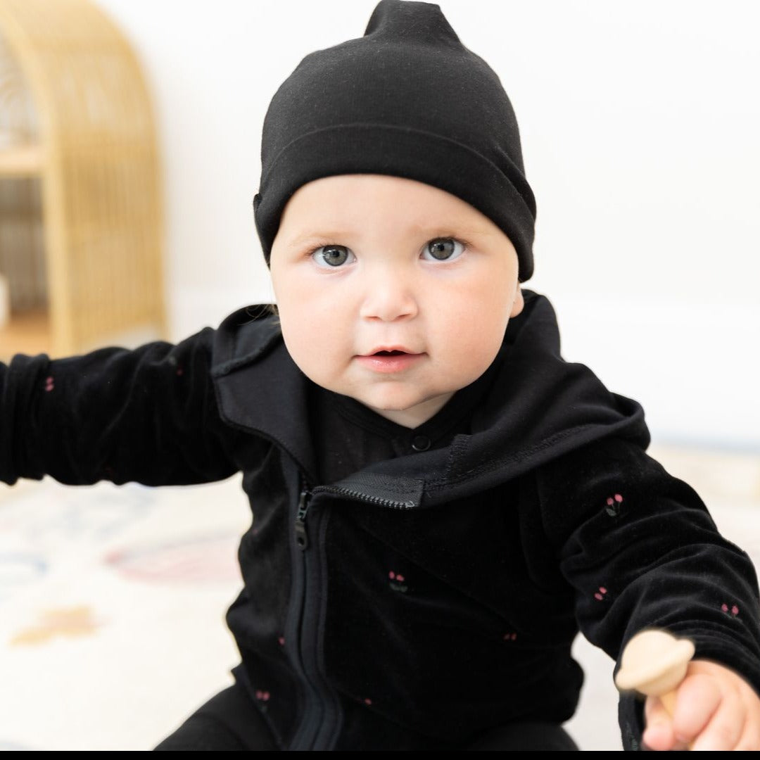 Lux Black Baby Quilted Jacket with Cherry Print