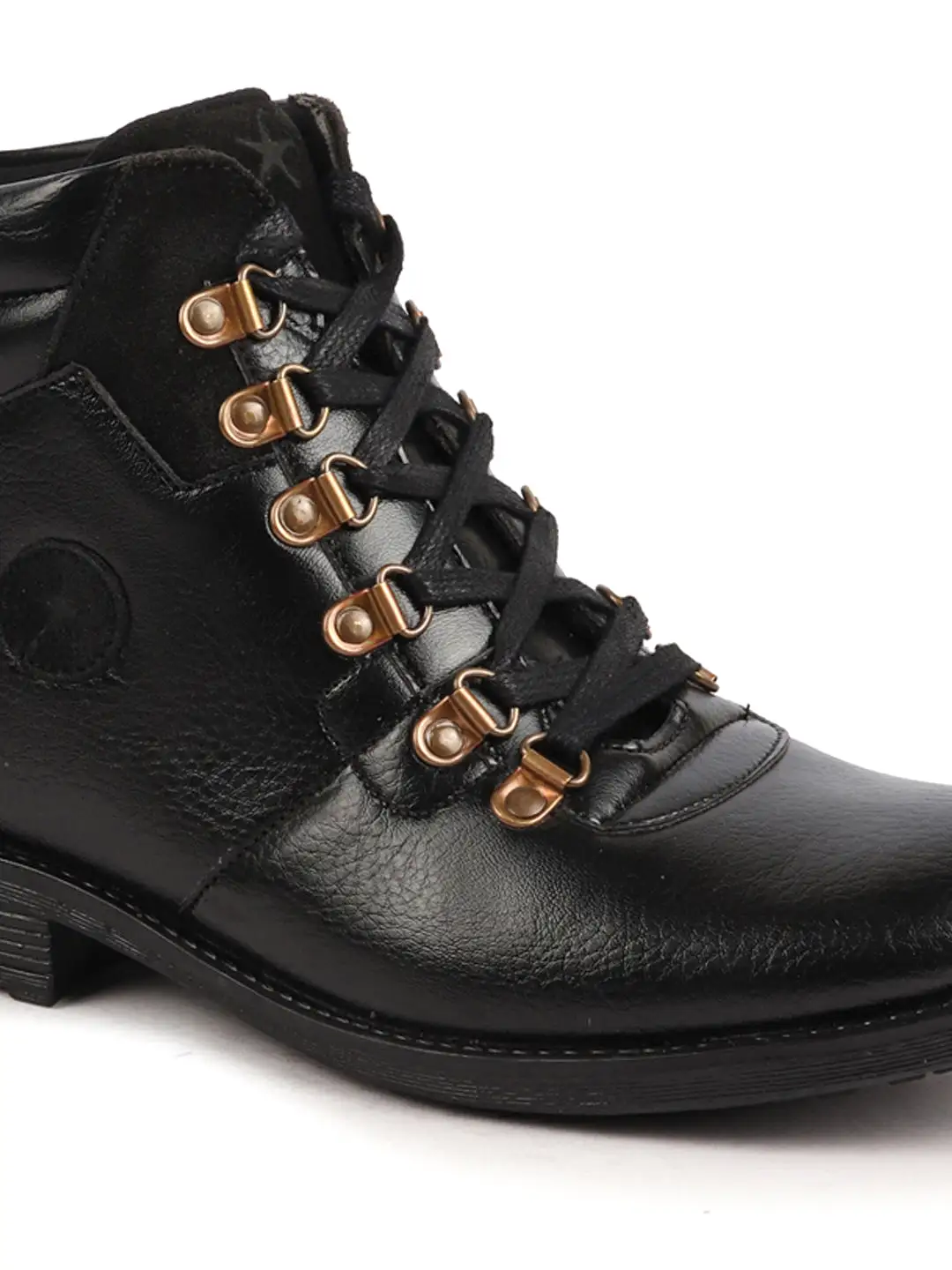 Men Black Genuine Leather 6-Eye Metallic Lace Up Hook Classic High Ankle Boot For Trekking|Biking|Hiking