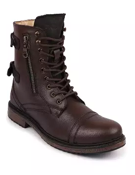 Men Brown High Ankle Genuine Leather Hook and 7-Eye Lace Up Side Zipper Adjustable Buckle Strap Cap Toe Anti Skid Sole Flat Boot