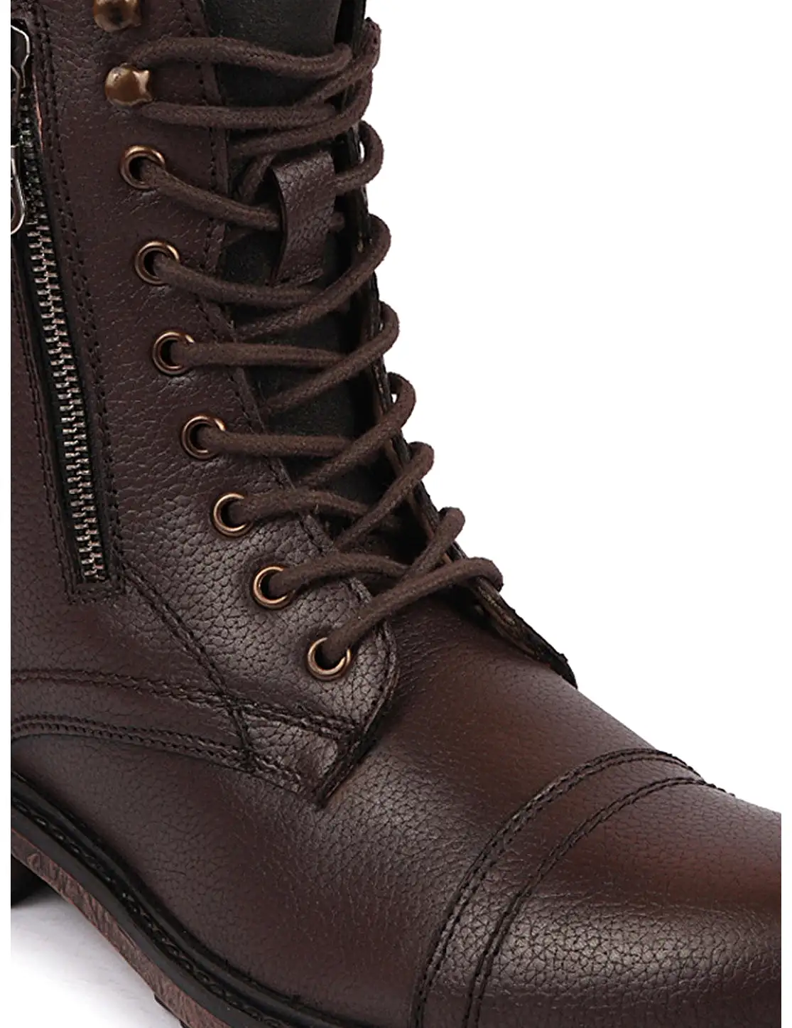 Men Brown High Ankle Genuine Leather Hook and 7-Eye Lace Up Side Zipper Adjustable Buckle Strap Cap Toe Anti Skid Sole Flat Boot