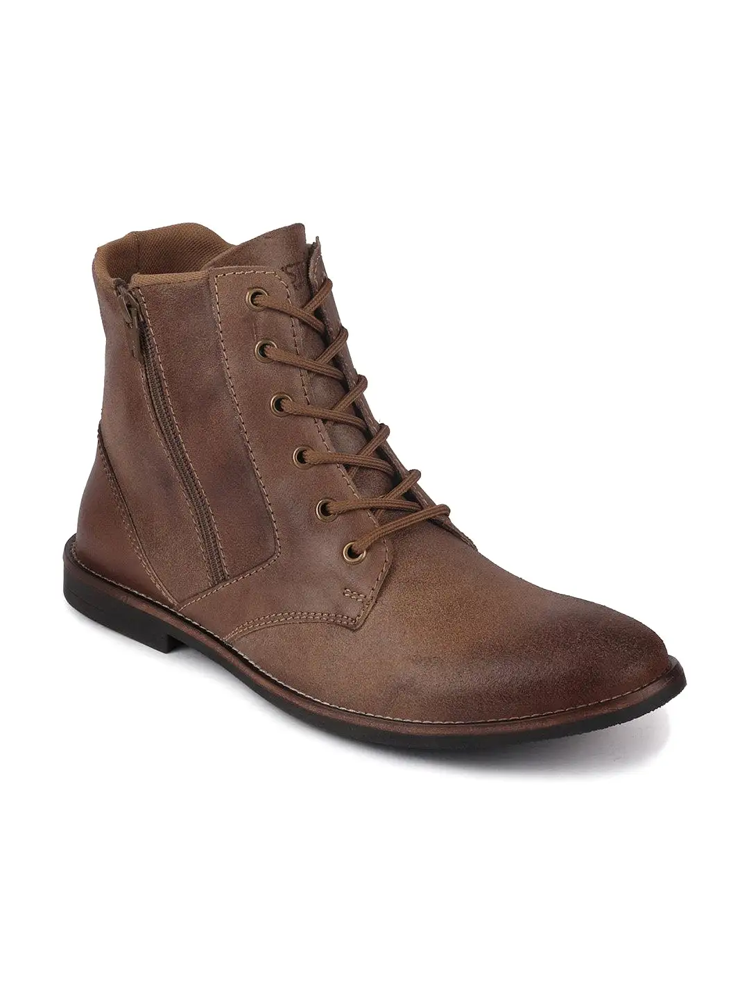 Men Brown High Ankle Lace Up Leather Zipper Boots