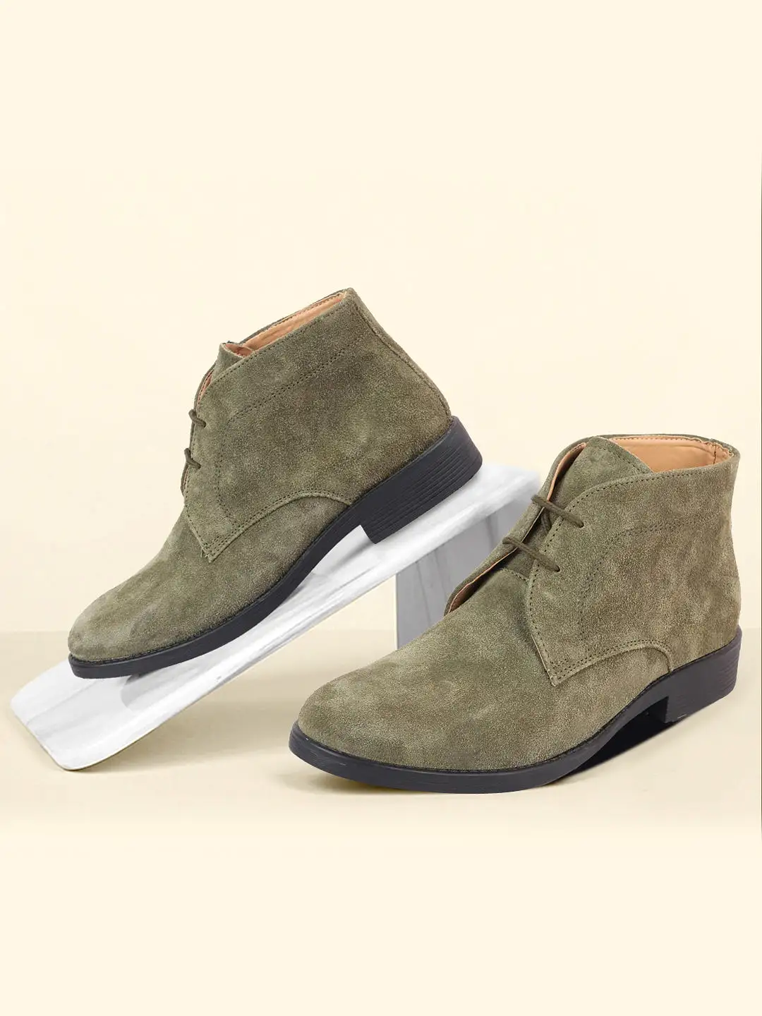 Men Olive Green Suede Leather High Ankle Lace Up Chukka Boots