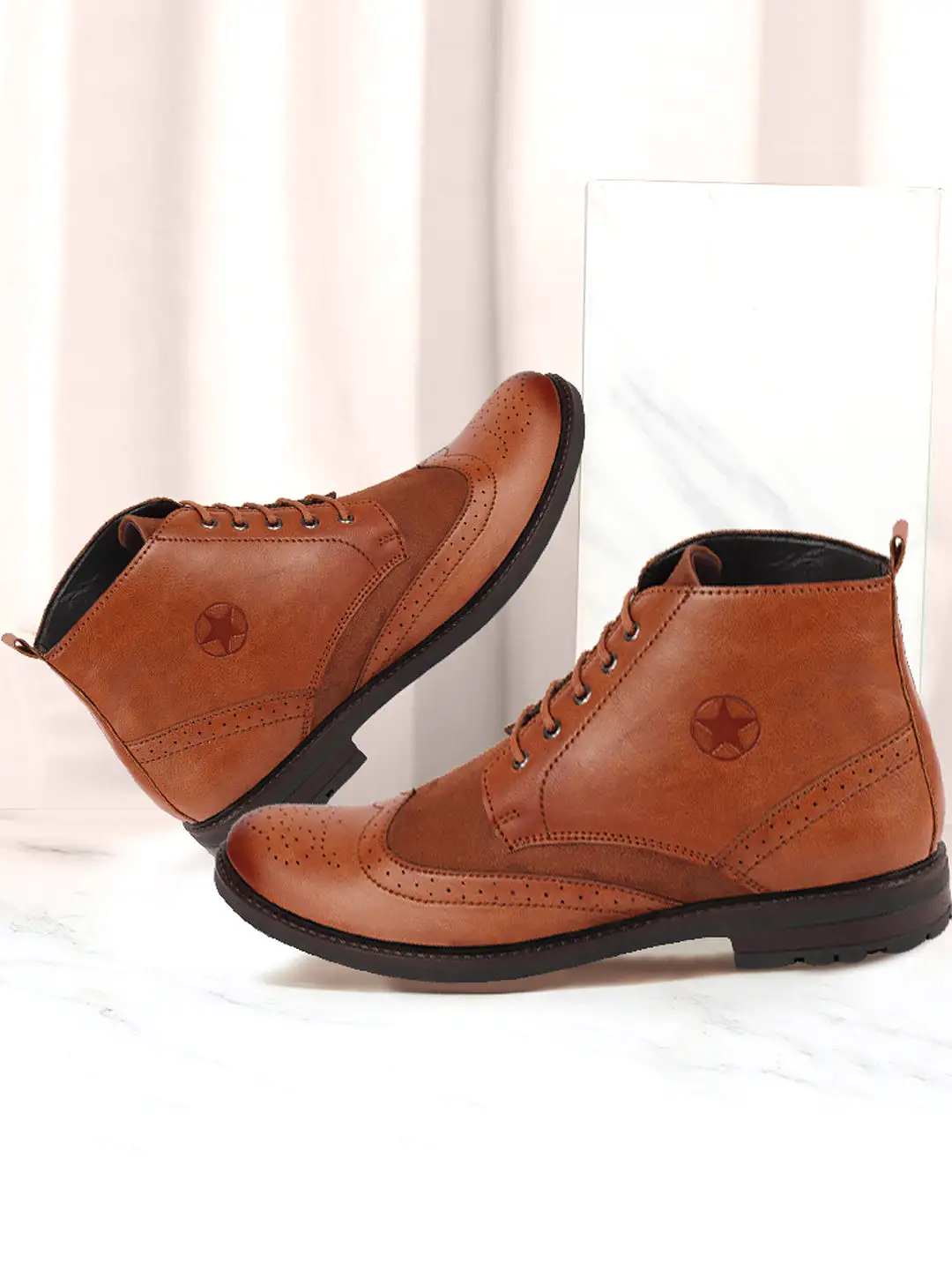 Men Tan Wingtip Lace Up Boots