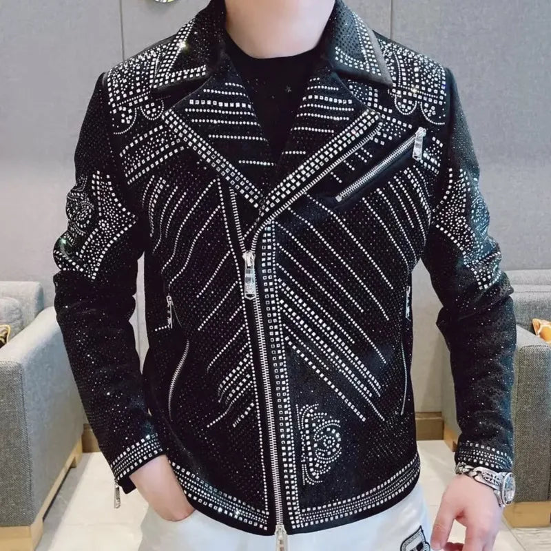 Men's Luxury Rhinestone Diamond Punk Style Slim Fit Streetwear Jacket