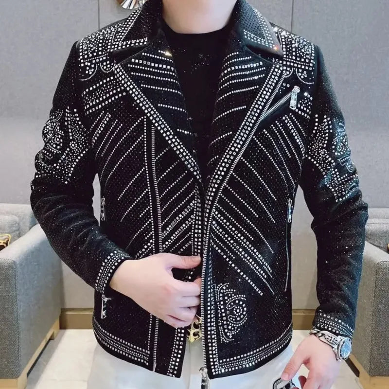 Men's Luxury Rhinestone Diamond Punk Style Slim Fit Streetwear Jacket