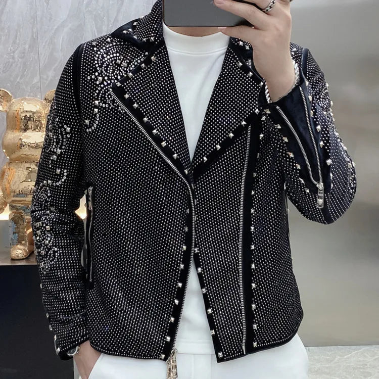 Men's Luxury Rhinestone Diamond Punk Style Slim Fit Streetwear Jacket