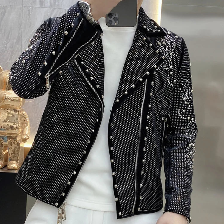 Men's Luxury Rhinestone Diamond Punk Style Slim Fit Streetwear Jacket