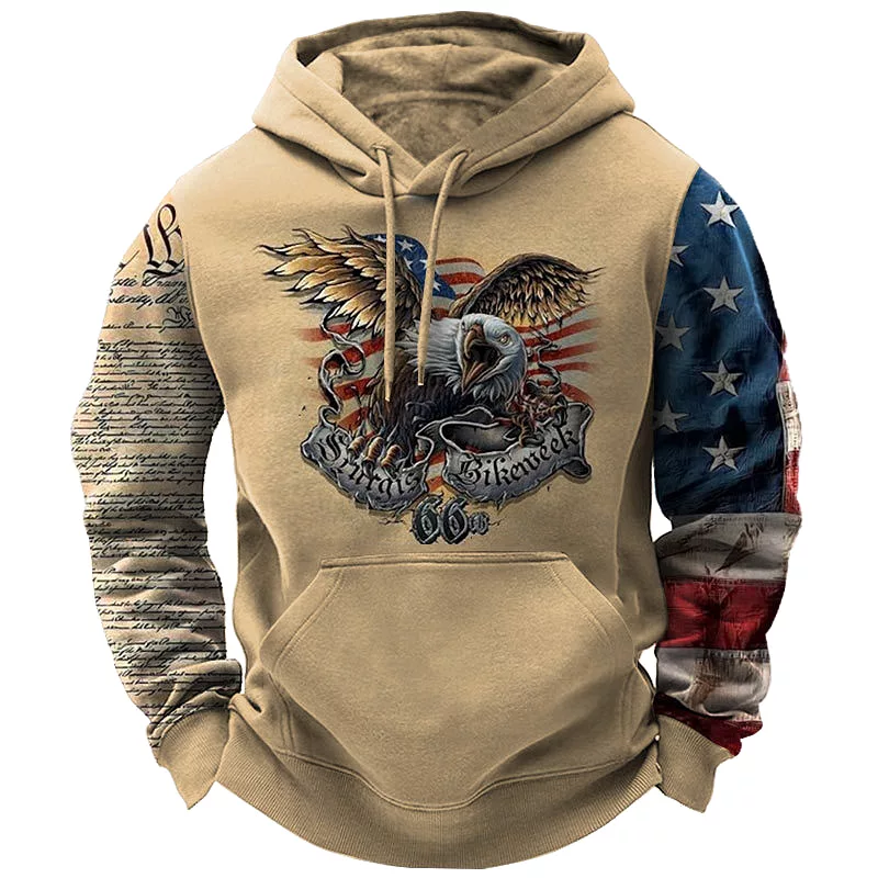 Men's Vintage American Flag Print American Eagle Pocket Hoodie