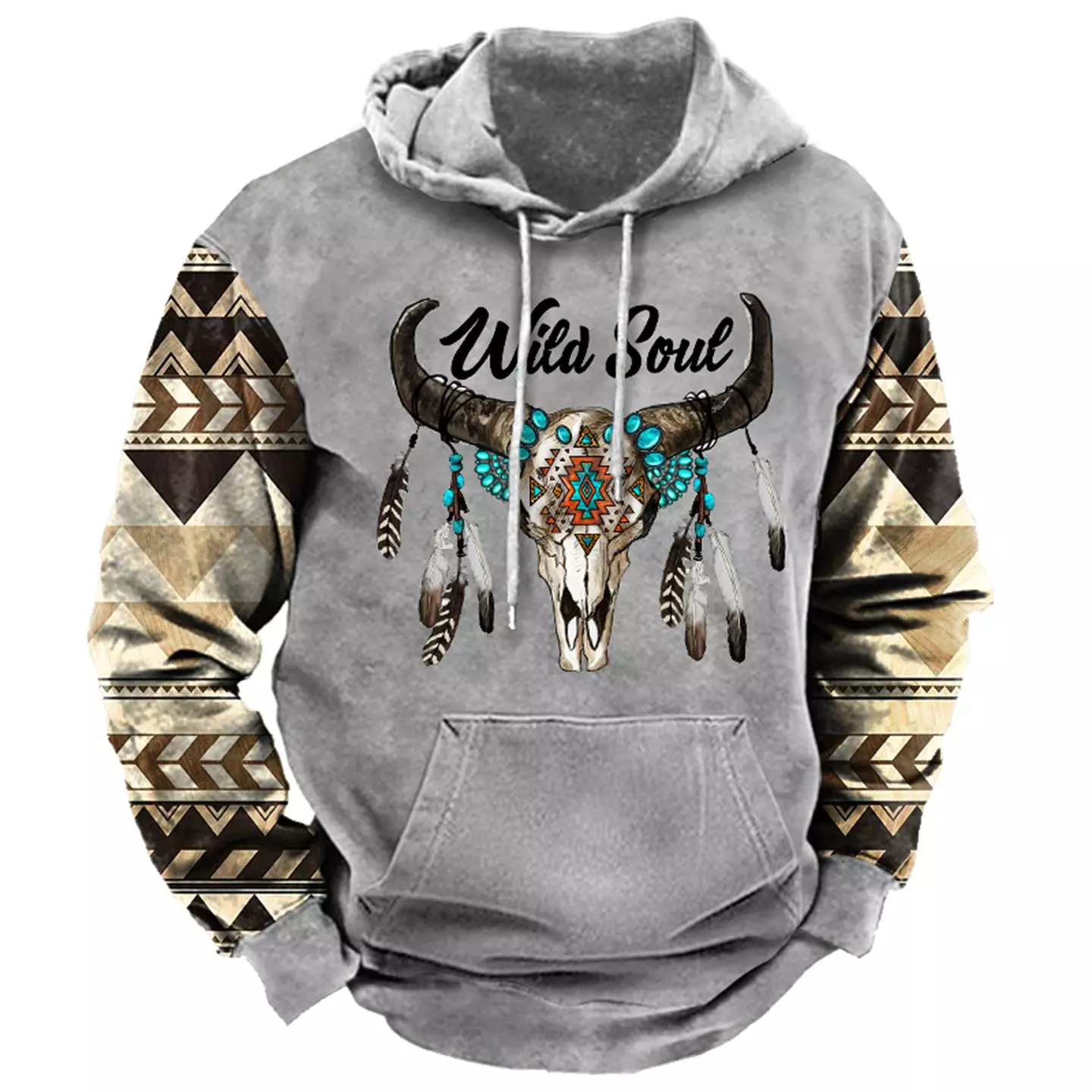 Men's Vintage Ethnic Wild Soul Boho Bull Skull Print Hoodie