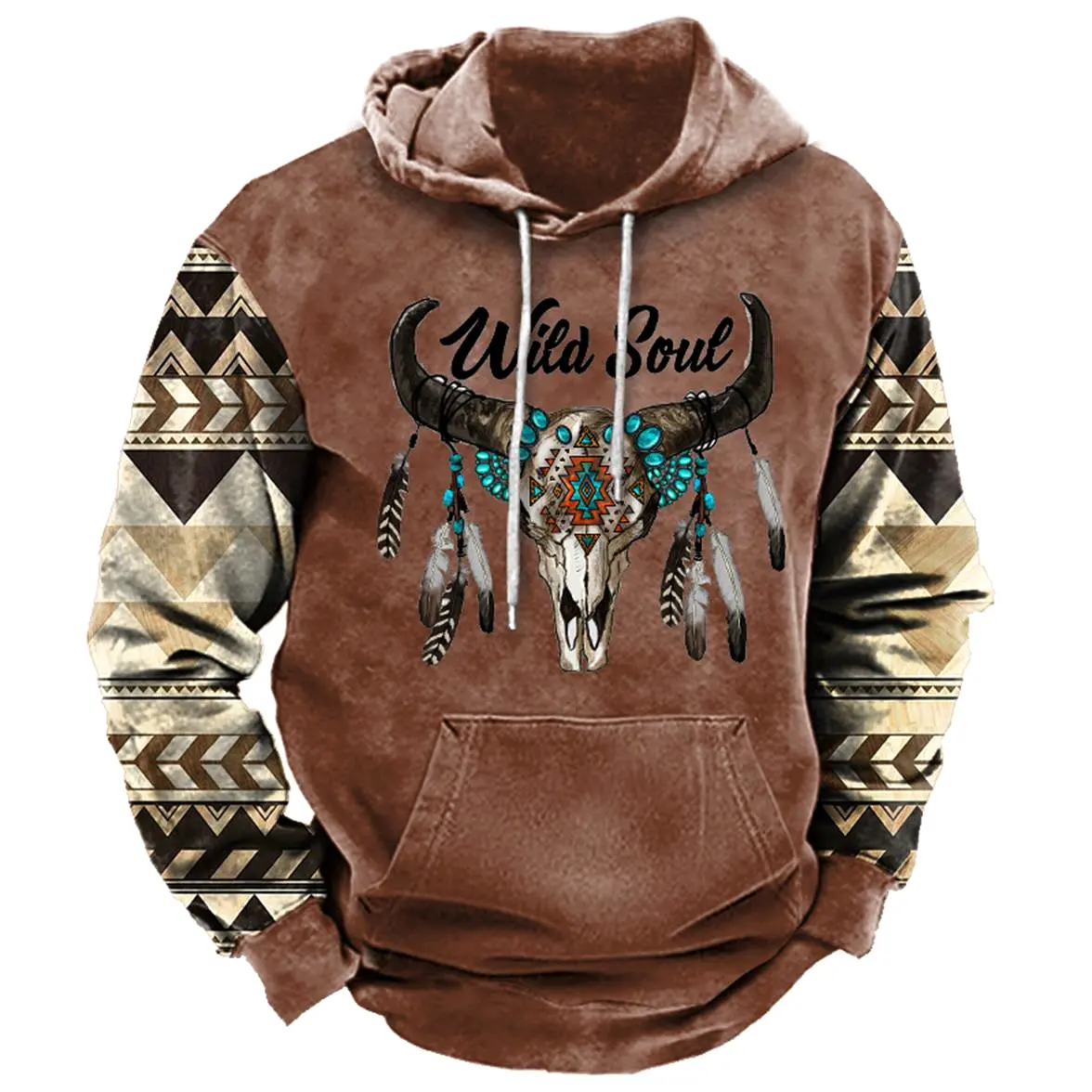 Men's Vintage Ethnic Wild Soul Boho Bull Skull Print Hoodie