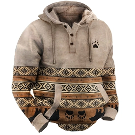 Men's Western Retro Print Outdoor Thickened Henley Collar Hoodie