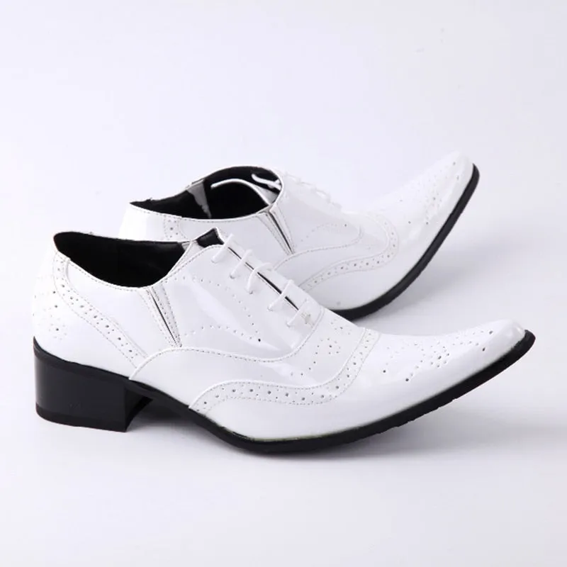 Men's White Solid Pointed Toe Height Increased Wedding Oxford Shoes