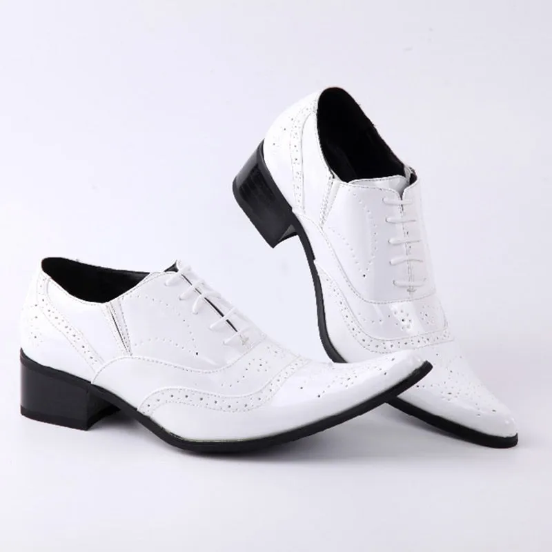 Men's White Solid Pointed Toe Height Increased Wedding Oxford Shoes