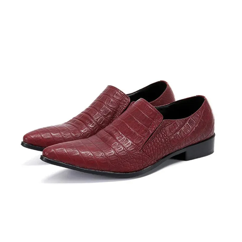 Men's Wine Red Genuine Leather Pointed Toe Business Dress Shoes