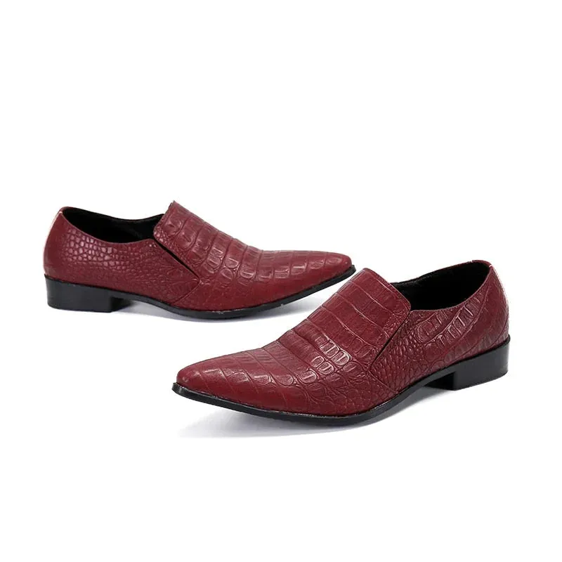 Men's Wine Red Genuine Leather Pointed Toe Business Dress Shoes