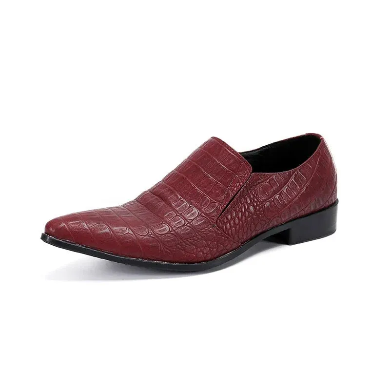 Men's Wine Red Genuine Leather Pointed Toe Business Dress Shoes