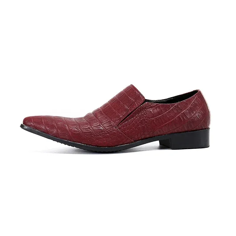 Men's Wine Red Genuine Leather Pointed Toe Business Dress Shoes