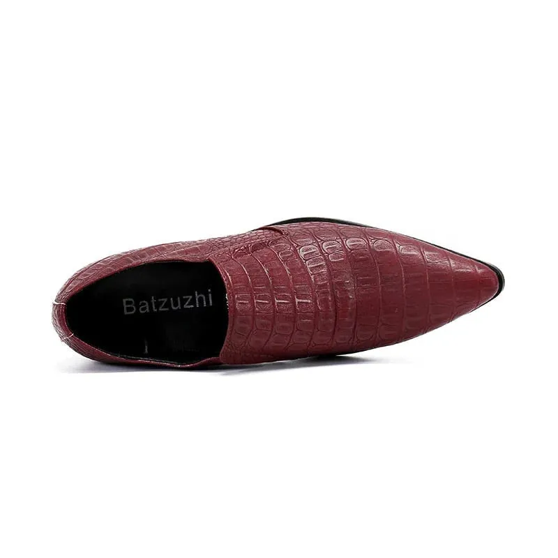 Men's Wine Red Genuine Leather Pointed Toe Business Dress Shoes