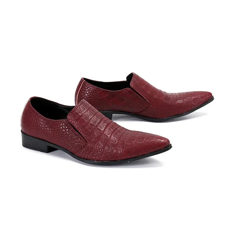 Men's Wine Red Genuine Leather Pointed Toe Business Dress Shoes