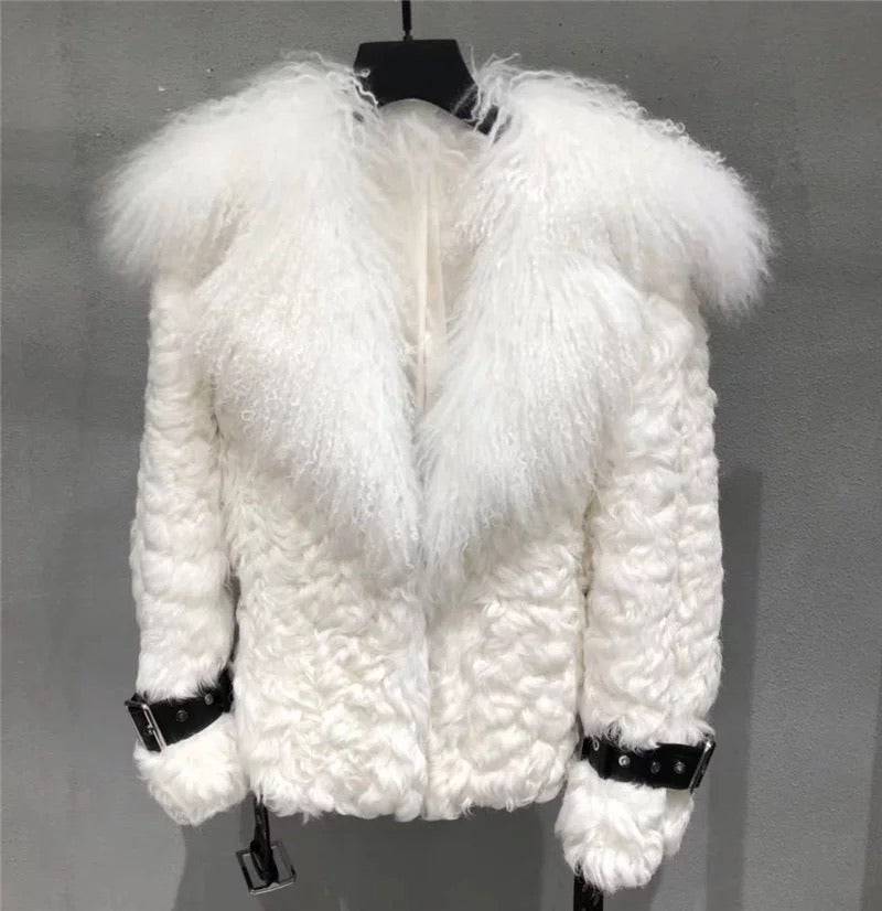 Mongalian Lamb Fur Sheepskin Leather Belted Coat