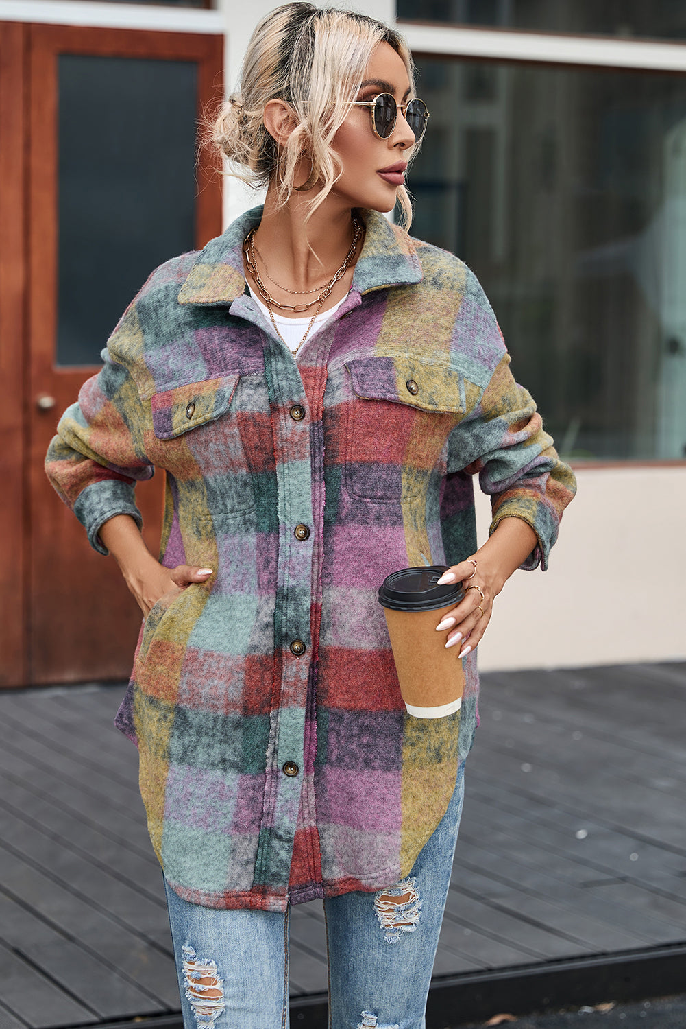 Multicolor Brushed Plaid Oversize Jacket