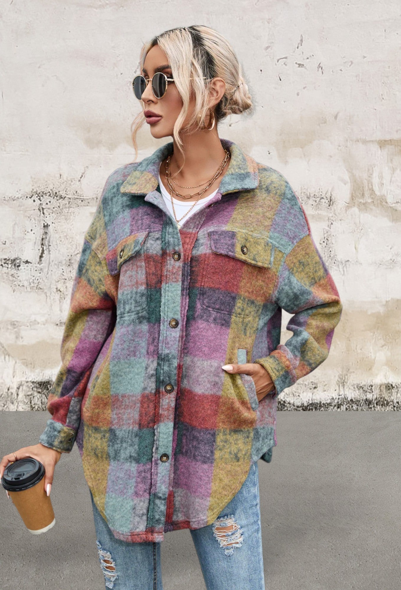 Multicolor Brushed Plaid Oversize Jacket