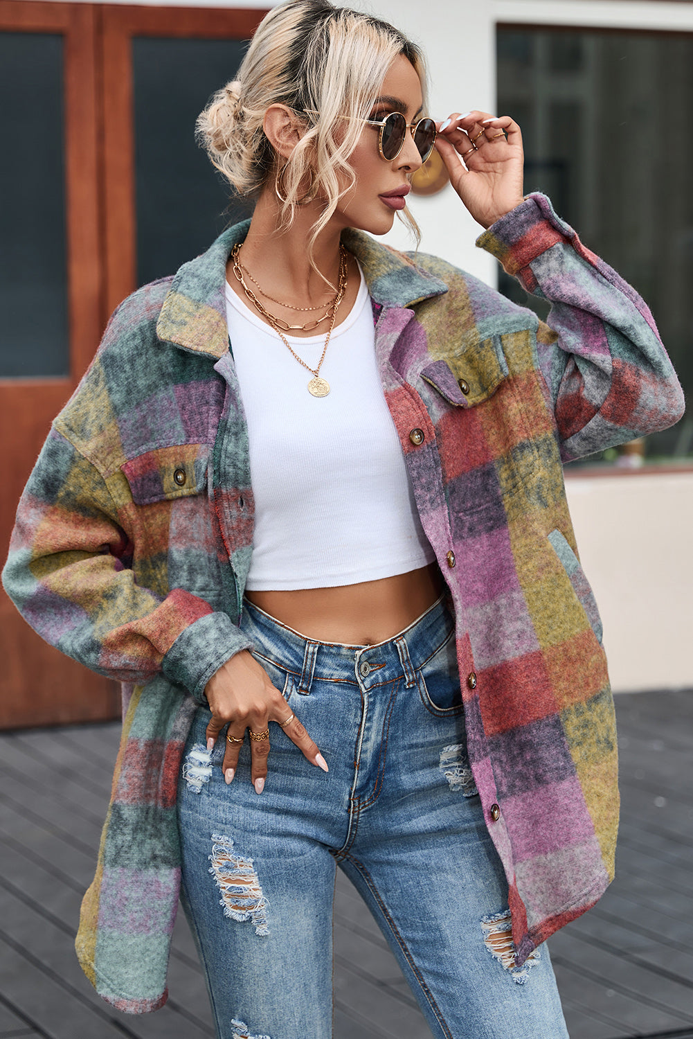 Multicolor Brushed Plaid Oversize Jacket