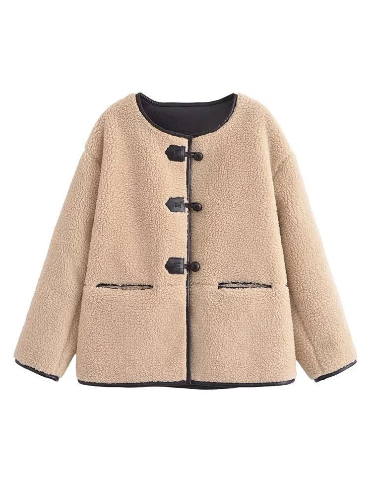 New Women Winter Cashmere Jackets Coats Fashion Solid Buttons O-Neck Wram Female Elegant Street Jacket Clothing