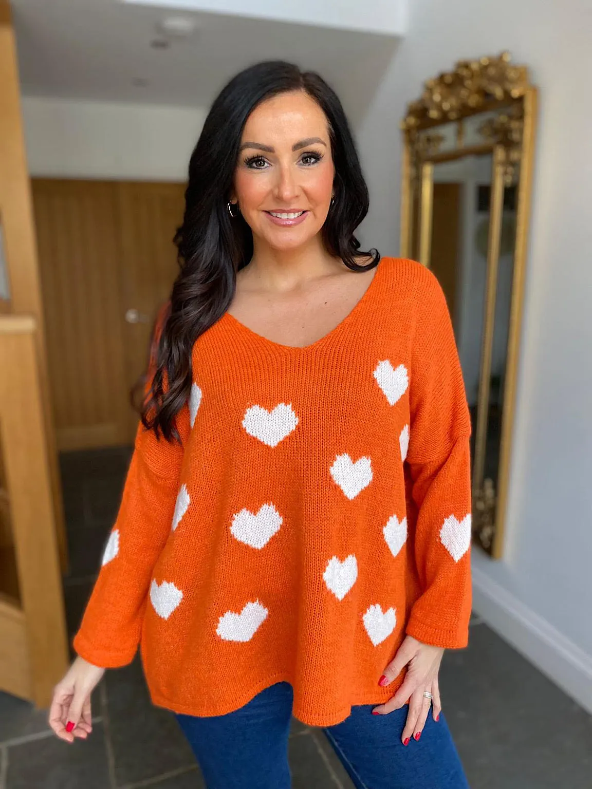 Orange V Neck Multi Heart Knit Kerry