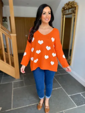 Orange V Neck Multi Heart Knit Kerry