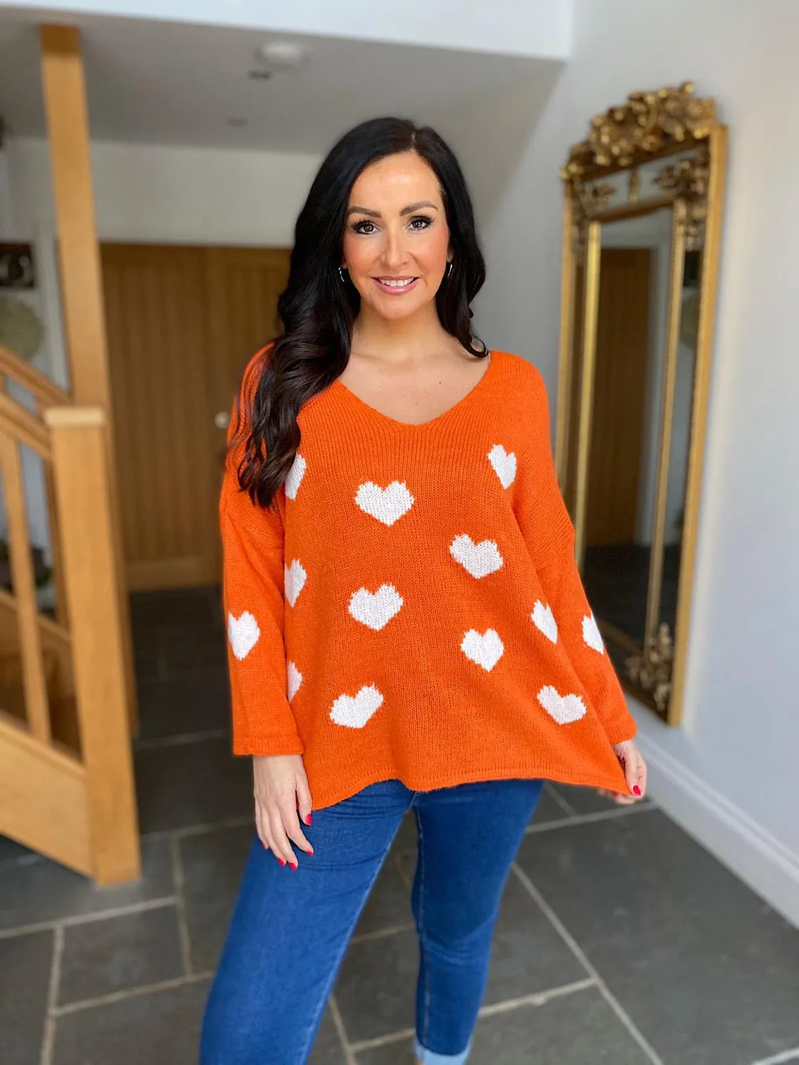 Orange V Neck Multi Heart Knit Kerry