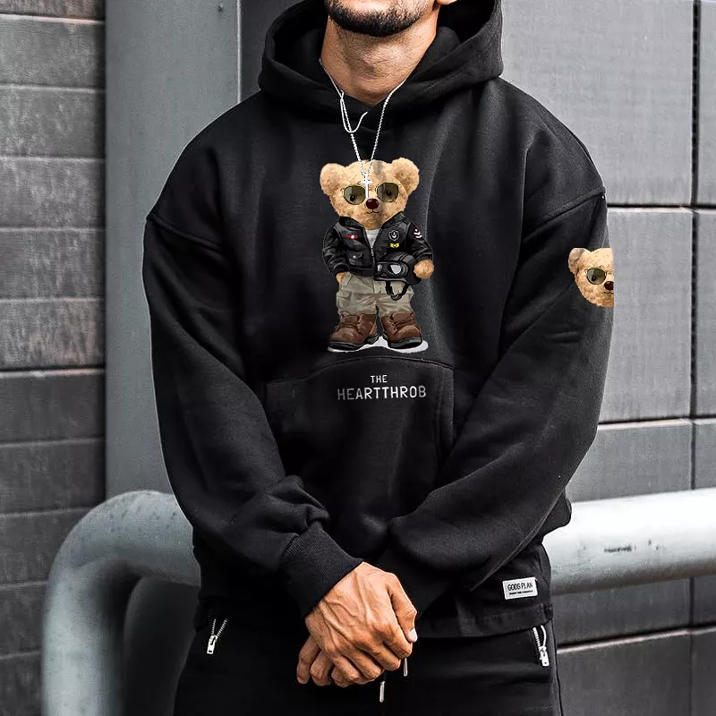 Oversized Men's Bear Print Hoodie