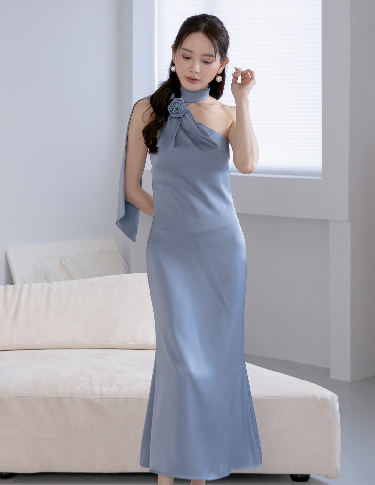 Paulina Toga Satin Dress in Blue