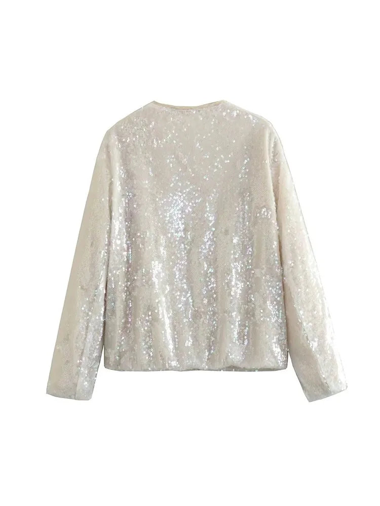 Sequins Glitter Zipper Cardigan Jackets Long Sleeve O neck  Fashion Tops